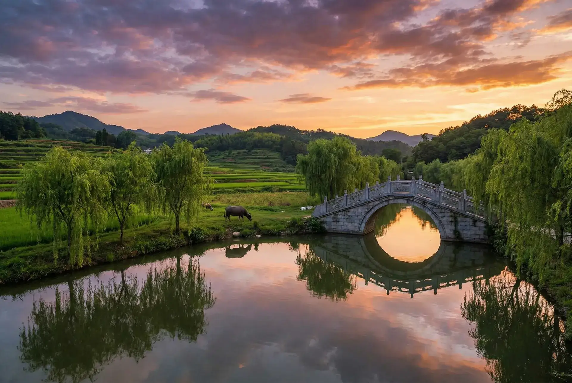 夕阳下的石拱桥与垂柳，水牛在河边吃草 - 在线观看黄页网站大全电影天堂 乡村美景